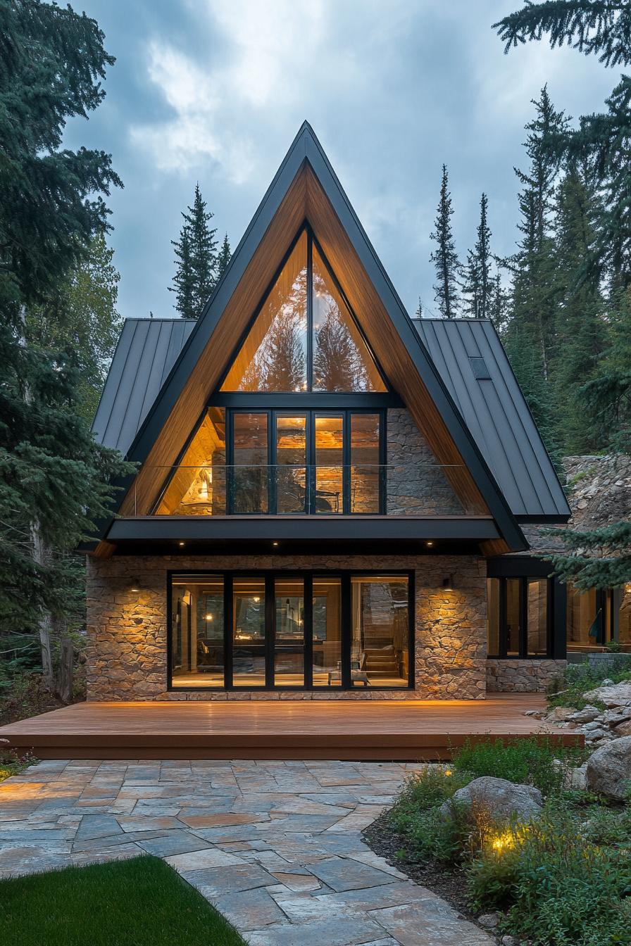 Reference A-frame hospitality cottage with stone base and illuminated glazed gable