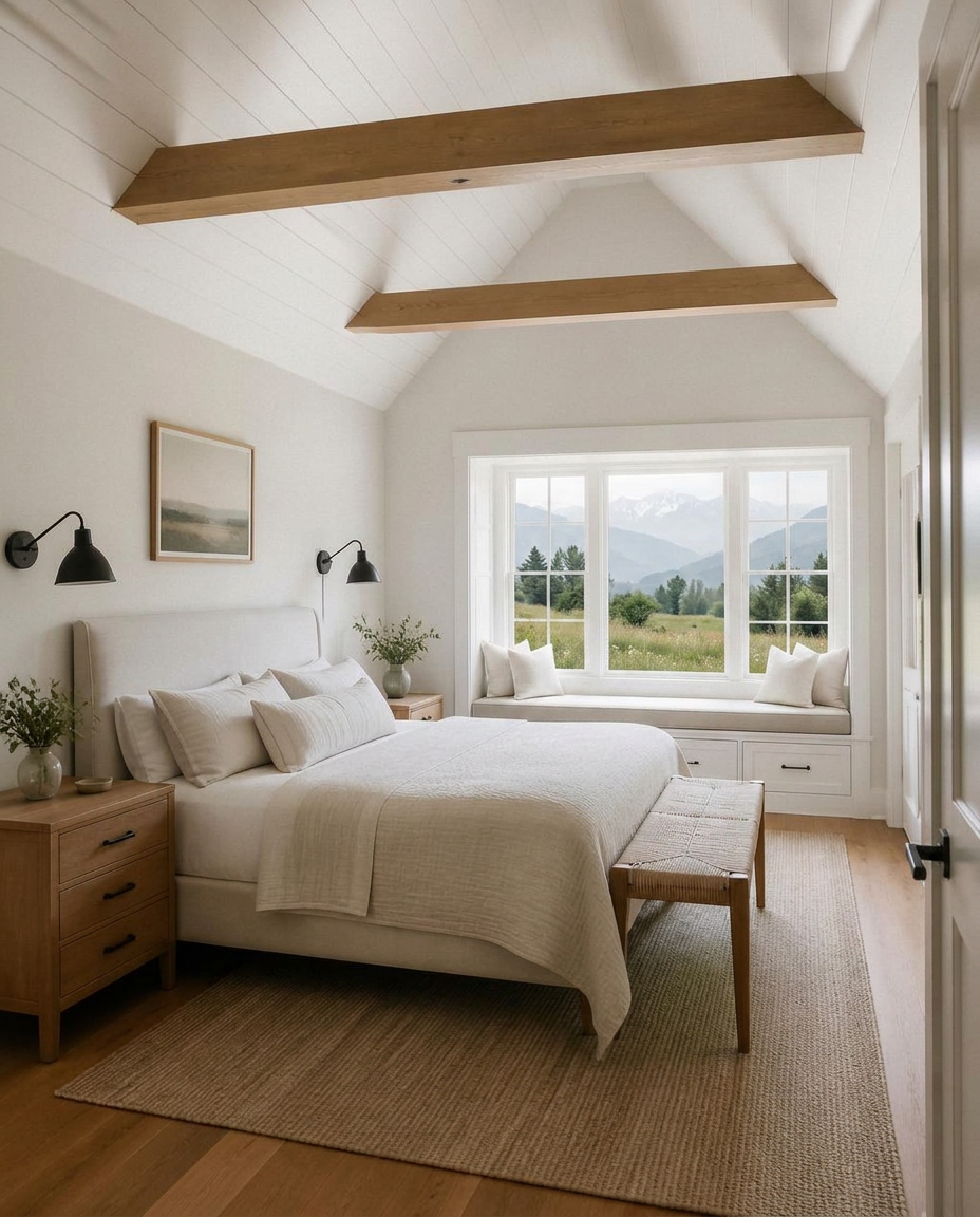 Bright neutral vaulted bedroom with oak beams and a Kashmir meadow view