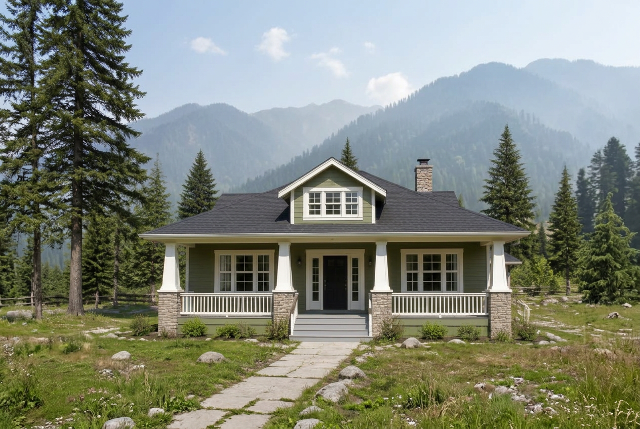 Green timber cottage with a full front porch in a natural Kashmir mountain meadow