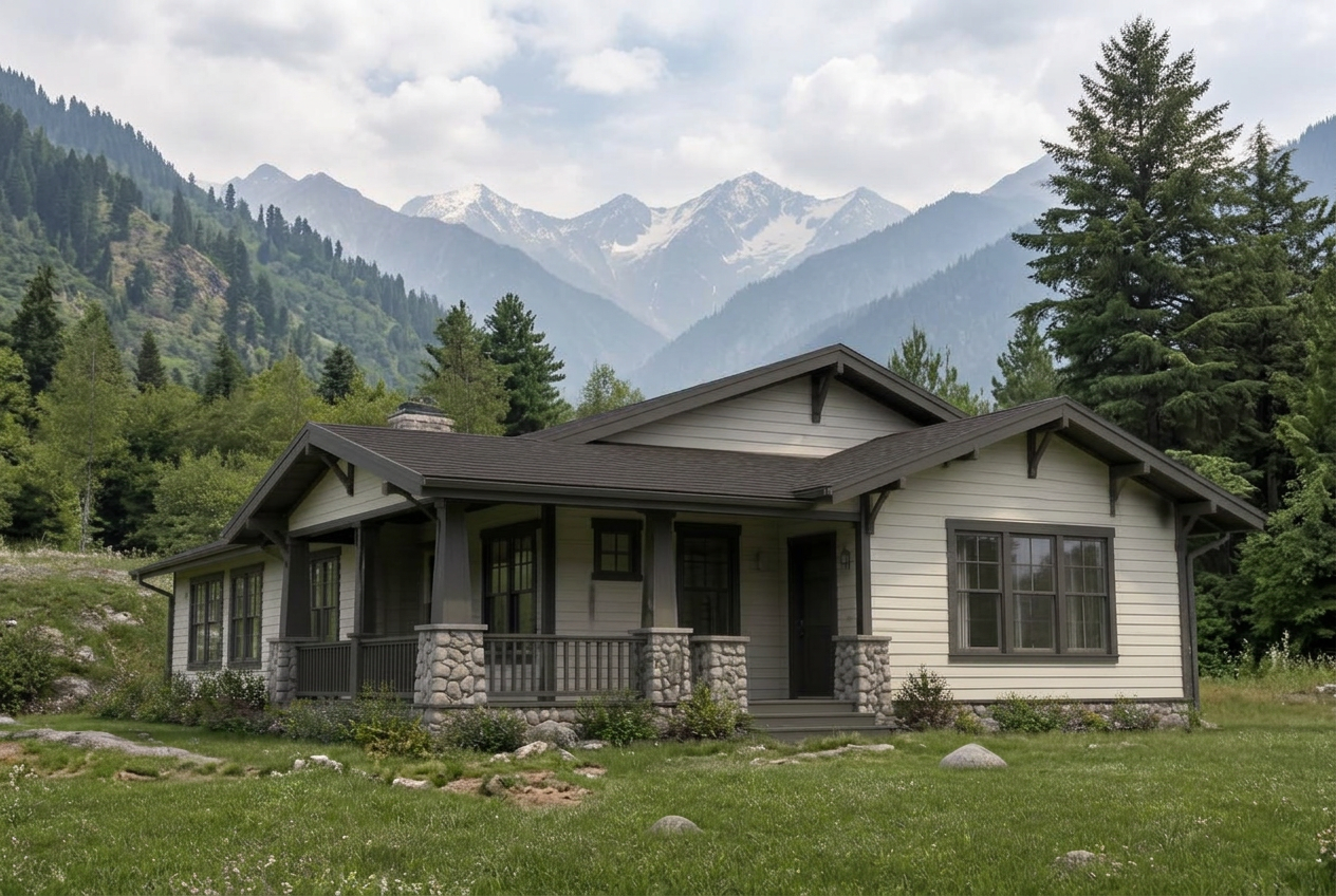 Light-painted low timber cottage with stone porch columns beneath Kashmir peaks