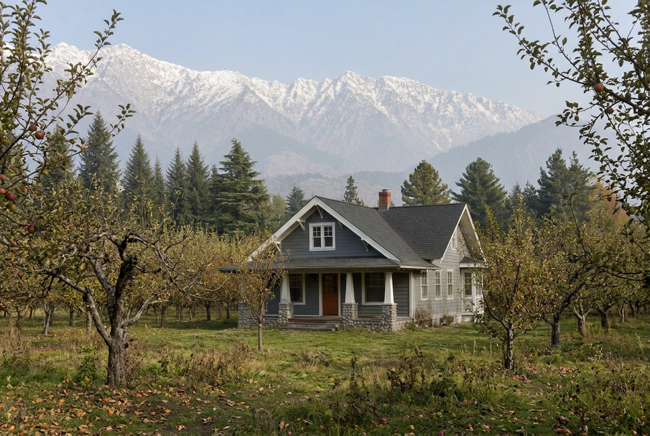 Blue-gray timber cottage among a Kashmir apple orchard and snowy mountains