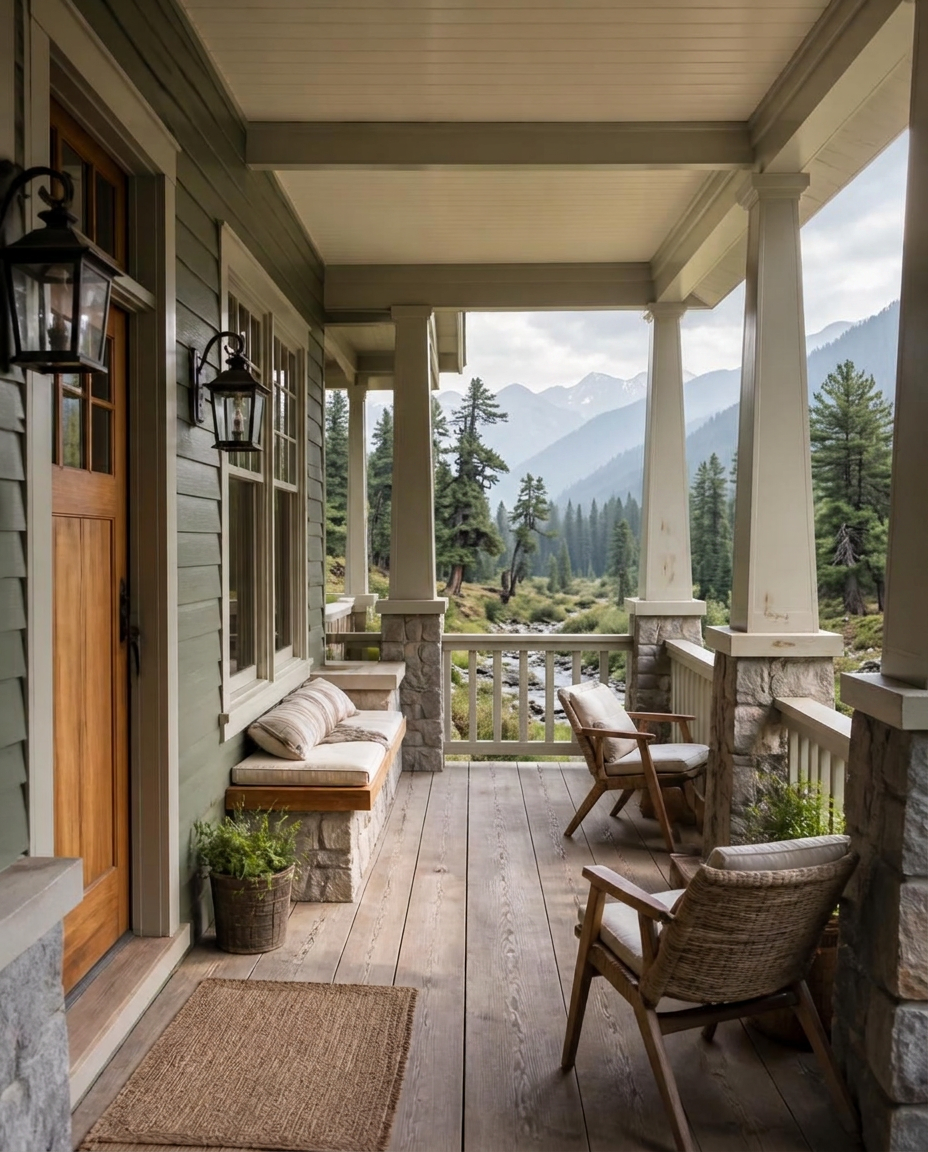 Deep timber cottage porch with stone piers facing deodar forest