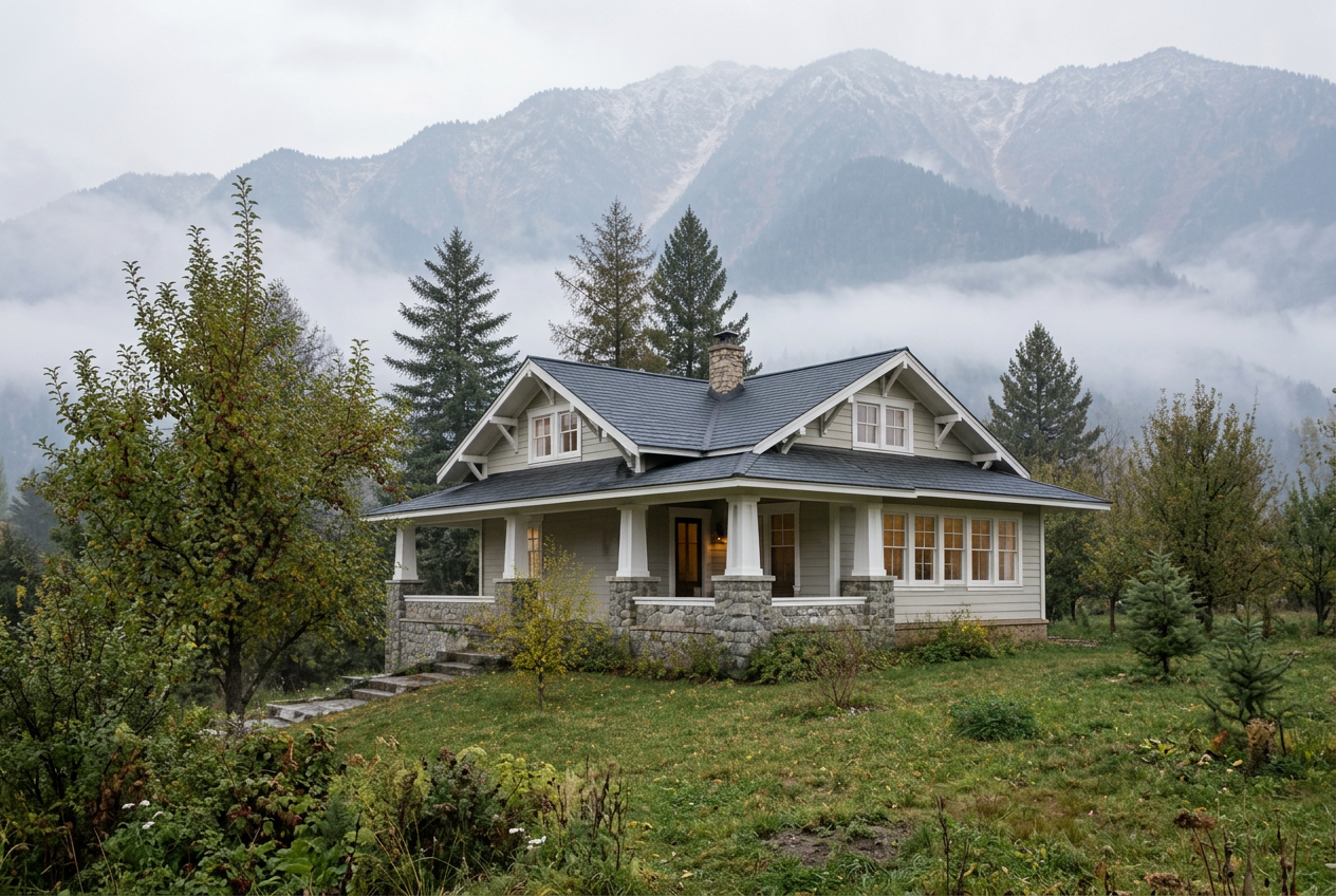 Gray timber cottage with a wraparound porch on a misty Kashmir hillside